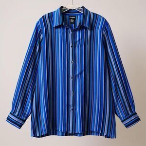 Vintage Silk Top Blouse L Striped Blue Button Up Old Money Quiet Luxury Office